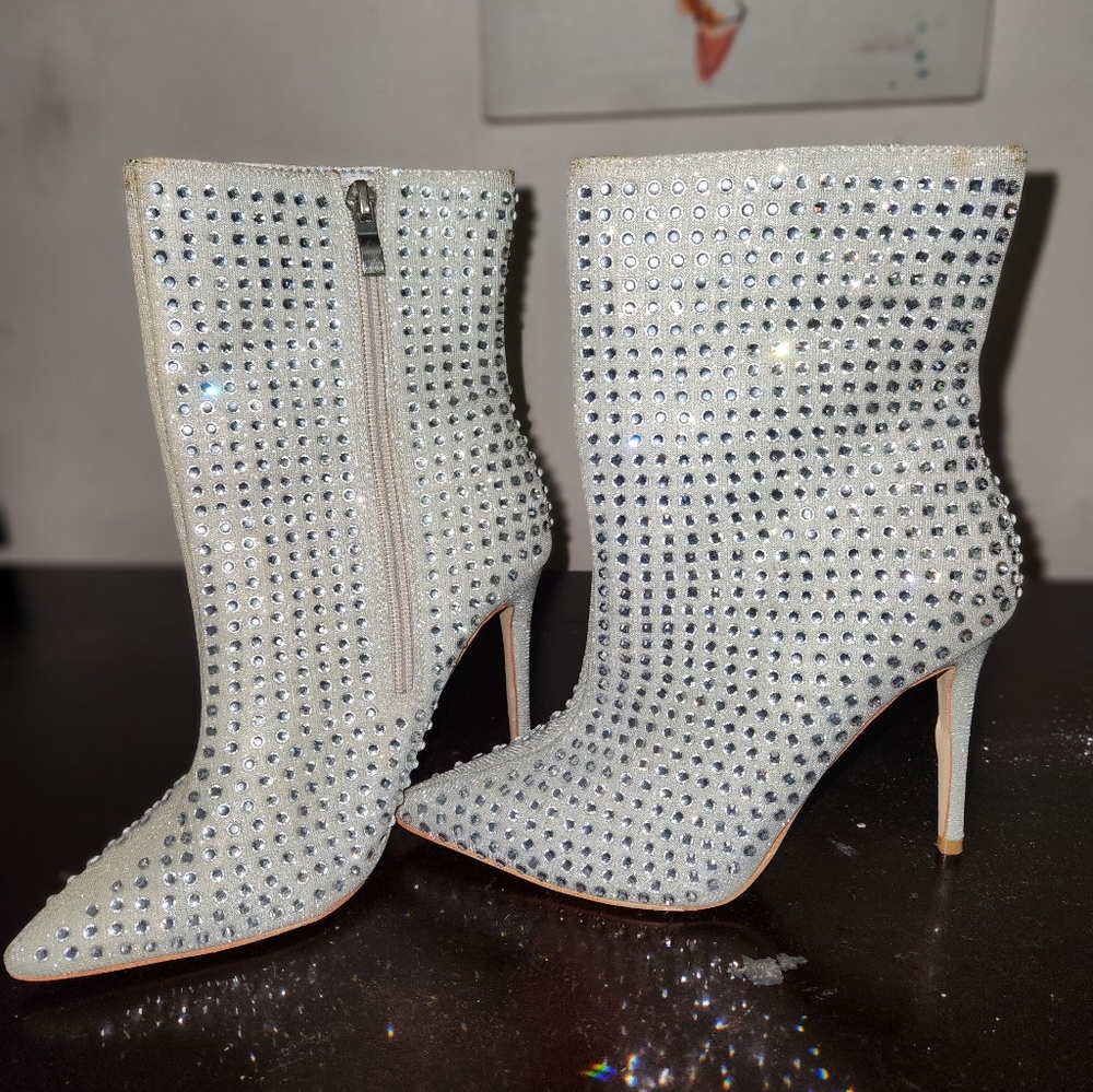 Elegant White Rhinestone Ankle Boots